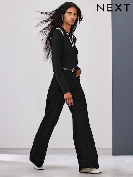 Black - High Rise Stretch Wide Leg Jeans