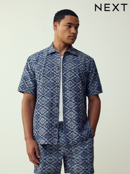 Blue Textured Navajo Style Short Sleeve Shirt (W60060) | AED197