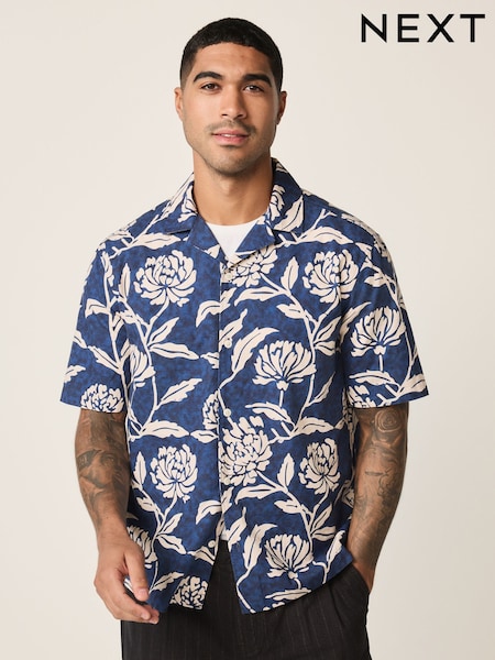 أزرق نيلي - Floral Print Short Sleeve Shirt (W60062) | JD 23