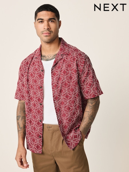 Red Textured Embroidered Leaf Short Sleeve Shirt (W60064) | $59