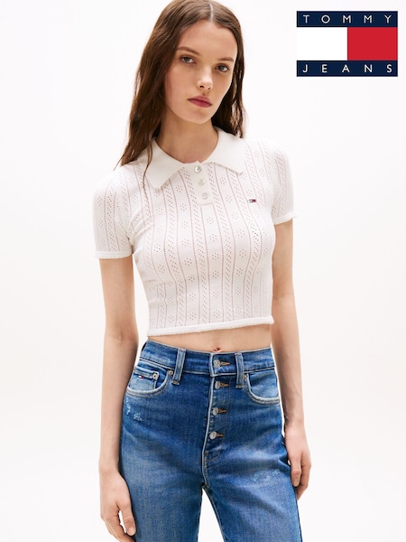 Tommy Hilfiger White Slim Fit Pointelle Polo Top (W60083) | R$ 640
