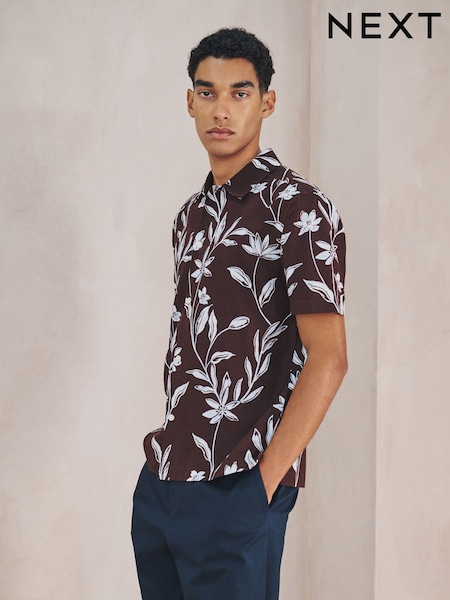 Brown Linen Tencel Blend Floral Print Short Sleeve Shirt (W60117) | AED166