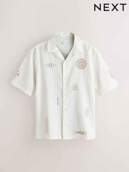 Neutral Textured Embroidered Navajo Style Short Sleeve Shirt (W60128) | AED166