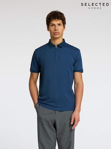 Selected Homme Light Blue Quarter Zip Short Sleeve Polo Shirt (W60166) | €40