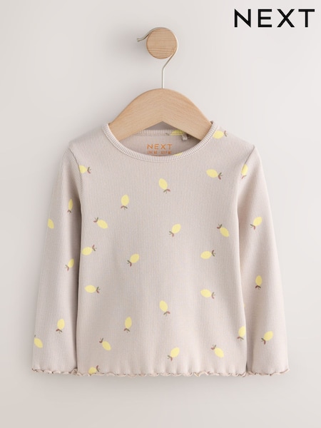 Neutral Lemon Print Rib Long Sleeve T-Shirt (3mths-7yrs) (W60472) | 26 QAR - 36 QAR