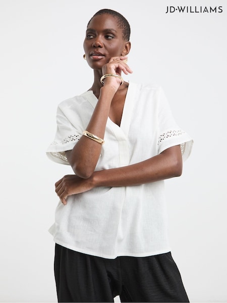 JD Williams White Crochet Trim Linen Popover Top (W60482) | €40