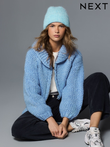 Chambray blau - Hand Knit Bomber Collar Cardigan (W60534) | 139 €