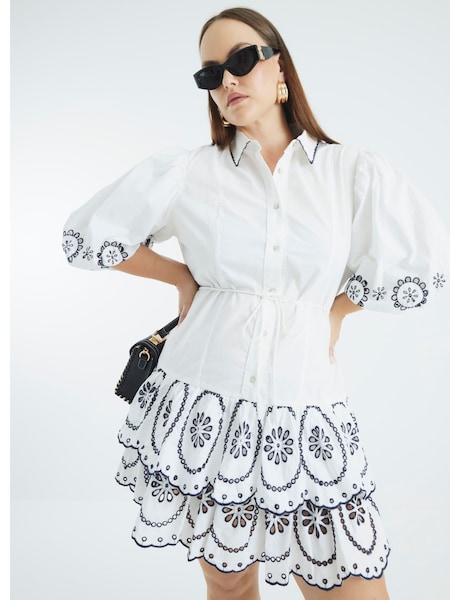 River Island White Cutwork Mini 100% Cotton Shirt Dress (W60636) | €89