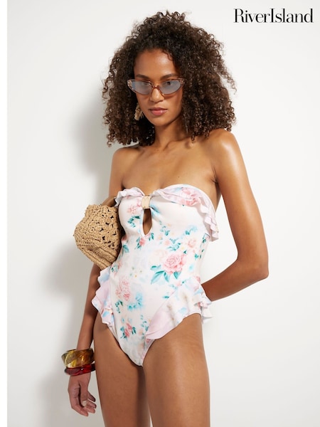 River Island Floral Print Frill Bandeau Swimsuit (W60657) | R$ 475
