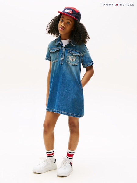 Tommy Hilfiger Blue Logo Embroidery Short Sleeve Denim Dress (W60778) | AED379 - AED437