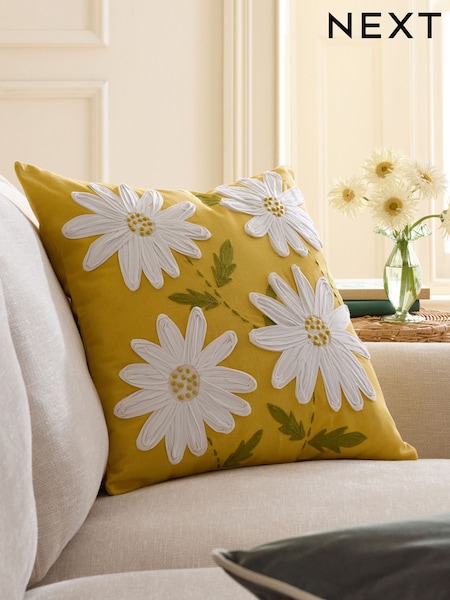 Ochre Yellow 50 X 50cm Embroidered Daisy Cushion (W60804) | €36