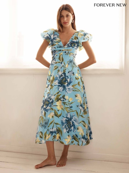 Forever New June Ruched V-Neck Midi Dress with A Touch Of Linen (W60929) | €173