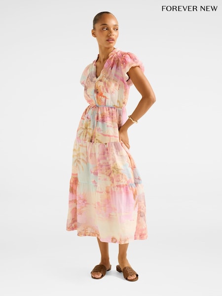 Forever New Cream Jacqueline Puff Sleeves Tiered Midi Dress (W60933) | €141