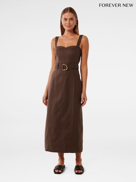 Forever New Brown Linen Blend Taylor Top Stitch Column Midi Dress (W60935) | €157