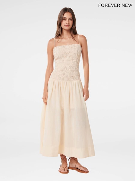 Forever New Cream Linen Blend Cara Crochet 100% Cotton Midi Dress (W60939) | €184