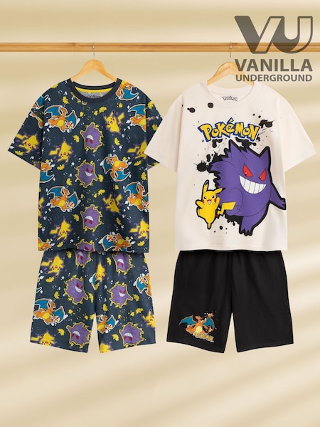 Vanilla Underground Black Cotton Pokemon Multicoloured Short Sleeve Short Leg Pyjamas Set Pack of 2 (W60996) | €36