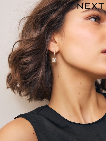 Gold Tone Square Stone Drop Pavé Hoop Earrings (W61006) | €11