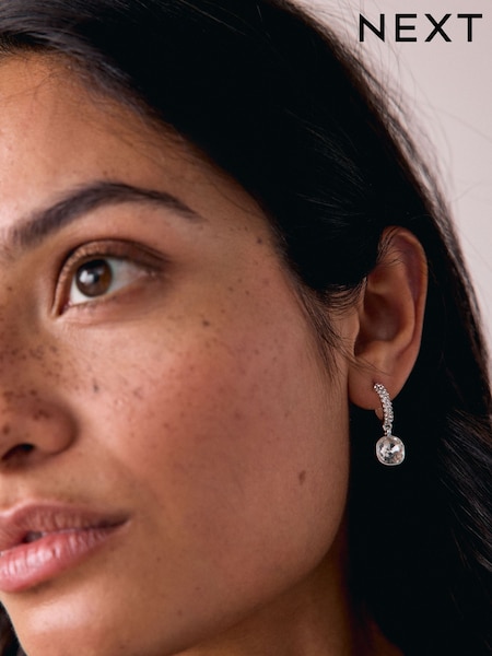 Silver Tone Square Stone Drop Pavé Hoop Earrings (W61009) | €14.50
