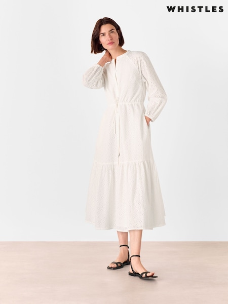 Whistles White Broderie 100% Cotton Midi Dress (W61227) | €203