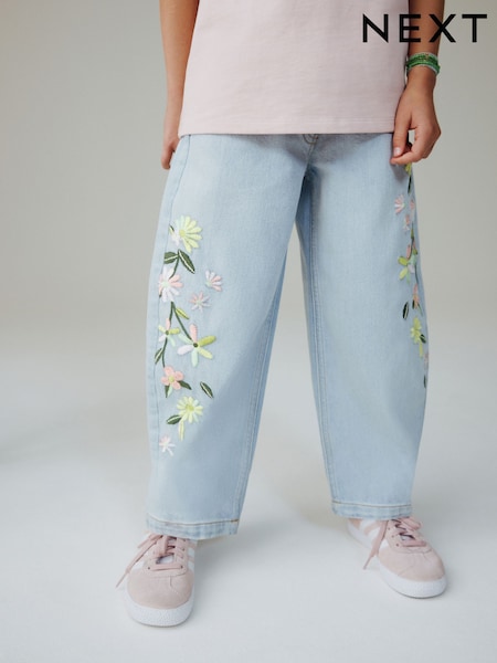 Light Blue Floral Embroidered Barrel Jeans (3-16yrs) (W61242) | AED102 - AED127