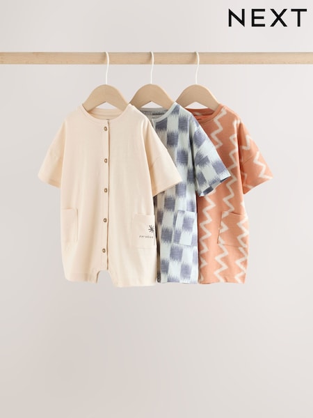 Neutral Sunbaked Printed Button Through Jersey Baby Rompers 3 Pack (W61320) | AED97 - AED117