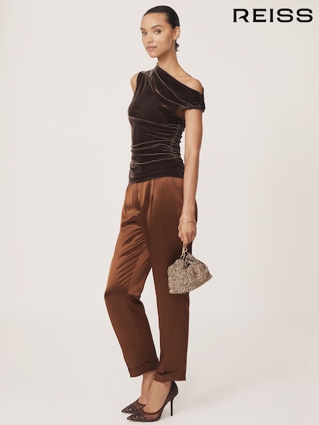 Reiss Chocolate Brown Demi Velvet Off-Shoulder Top (W61526) | €95