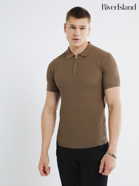 River Island Muscle Fit Textured Tipped Polo Shirt (W61563) | 42 €