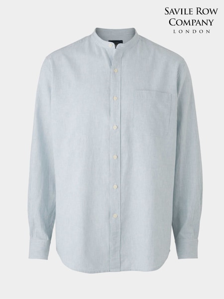 Savile Row Company Classic Fit Blue Stripe Linen Grandad Collar Casual Shirt (W61567) | R$ 545