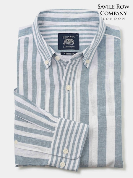 Savile Row Company Blue White Stripe Linen Cotton Classic Fit Casual Shirt (W61571) | R$ 545