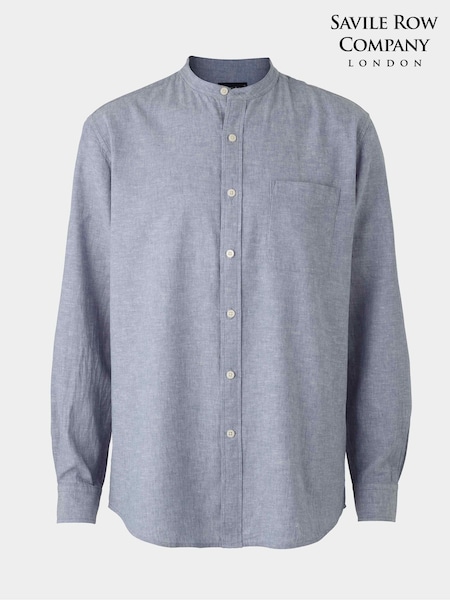 Savile Row Company Blue Linen Cotton Classic Fit Grandad Collar Casual Shirt (W61579) | R$ 545