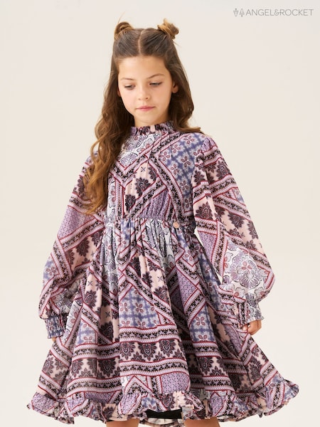 Angel & Rocket Purple Adrienne Balloon Sleeve Boho Print Dress (W61594) | AED179 - AED202