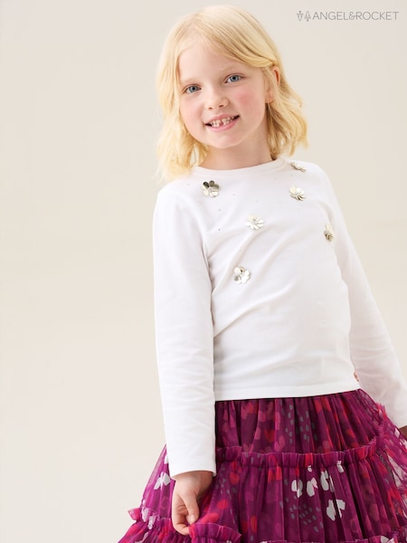 Angel & Rocket White Georgie Sequin Embellished Long Sleeve T-Shirt (W61620) | R$ 160 - R$ 195