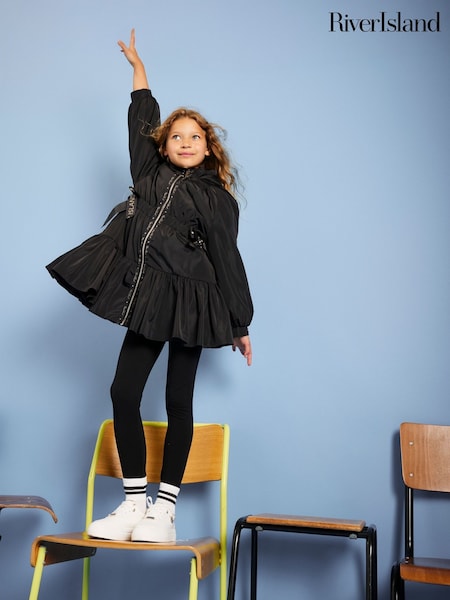 River Island Black Girls Peplum Rain Mac Coat (W61686) | €53