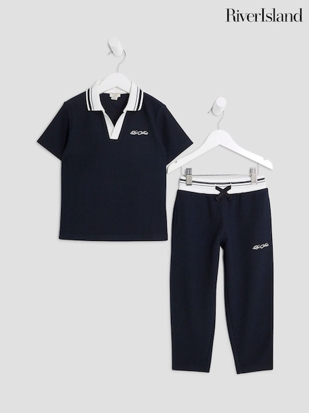 River Island Blue Boys Textured Polo Top & Jogger set (W61690) | €36