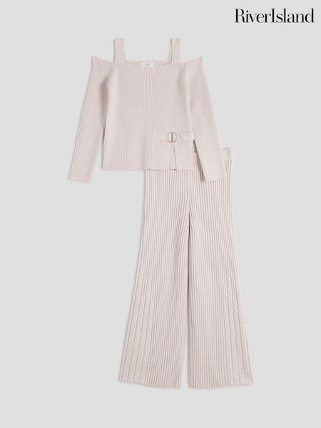 River Island Natural Girls Cable Cold Shoulder Top Jogger Set (W61693) | €48