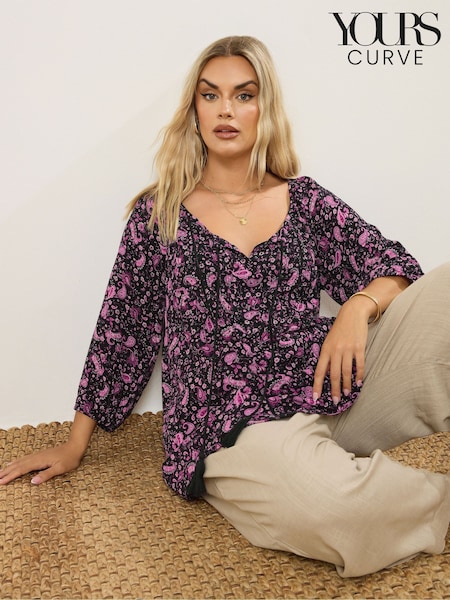 Yours Curve Black Boho Blouse (W61711) | OMR17