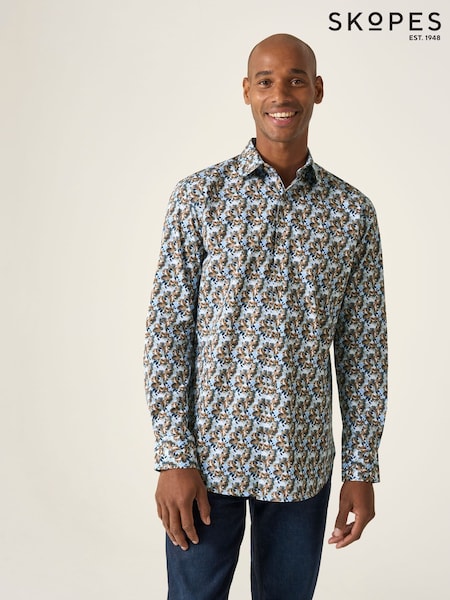 Skopes Brown & Blue Floral Print Luxury 100% Cotton Formal Tailored Fit Shirt (W61715) | €60