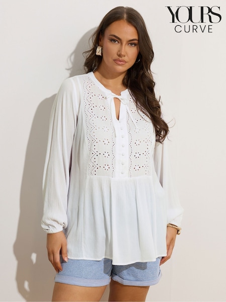 Yours Curve White Broderie Tie Neck Blouse (W61721) | R$ 305