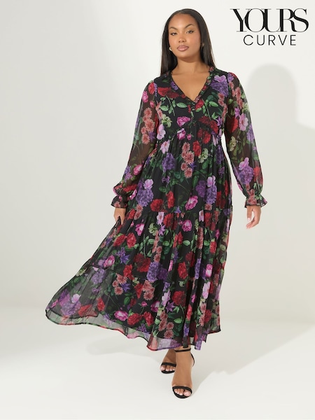 Yours Curve Black London Floral Print Tiered Dress (W61742) | €83