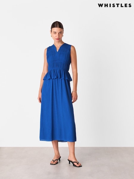 Whistles Blue Shirred V-Neck Midi Dress (W61946) | €270