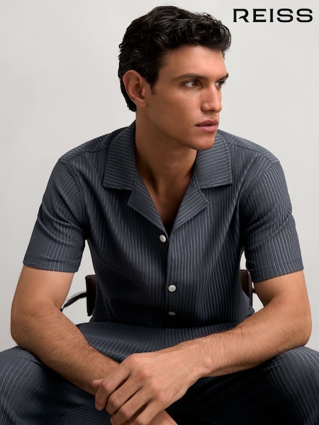 Reiss Petrol Blue Arnott Textured-Stripe Cuban-Collar Shirt (W61976) | €140