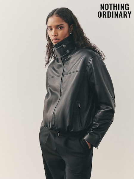 Nothing Ordinary Black Leather Funnel Neck Bomber Jacket (W62225) | €386.50