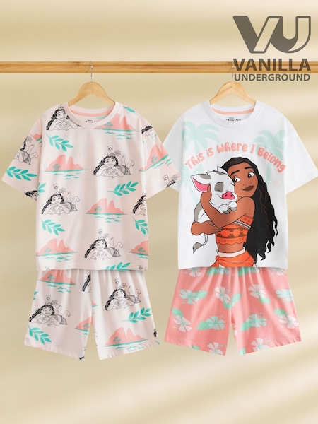 Vanilla Underground Pink Girls 100% Cotton Disney Moana Multicoloured Short Sleeve Short Leg Pyjamas Set Multi Pack of 2 (W62314) | 155 QAR