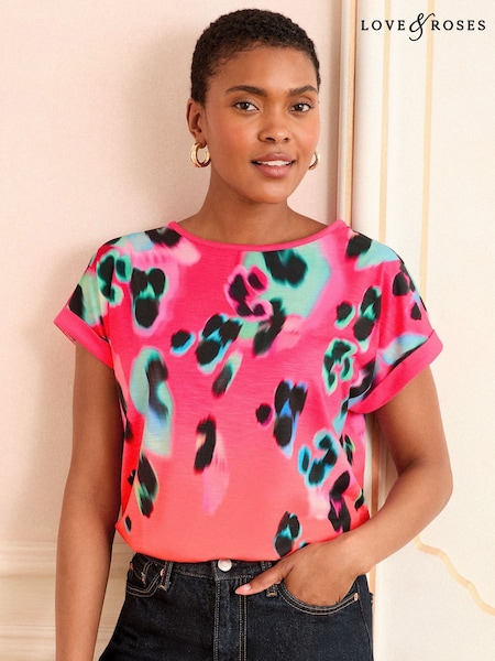 Pink Animal Ombre - Tricou Love & Roses Tricou la baza gâtului Jerseu (W62374) | 194 LEI