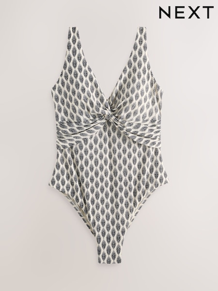 Cream/Black Woodblock Plunge Tummy Control Swimsuit (W62575) | $69