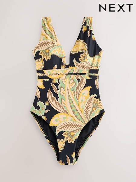 أسود/أخضر مزركش بيزلي - Plunge Shaping Tummy Control Swimsuit (W62585) | ‏189 ر.ق.