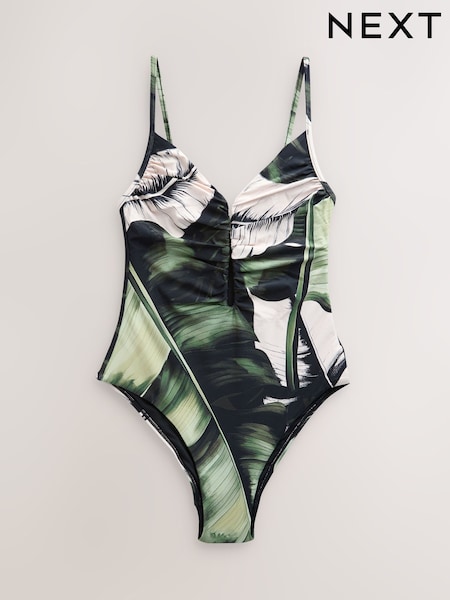 Black/Green Leaf Plunge Tummy Control Swimsuit (W62586) | AED164
