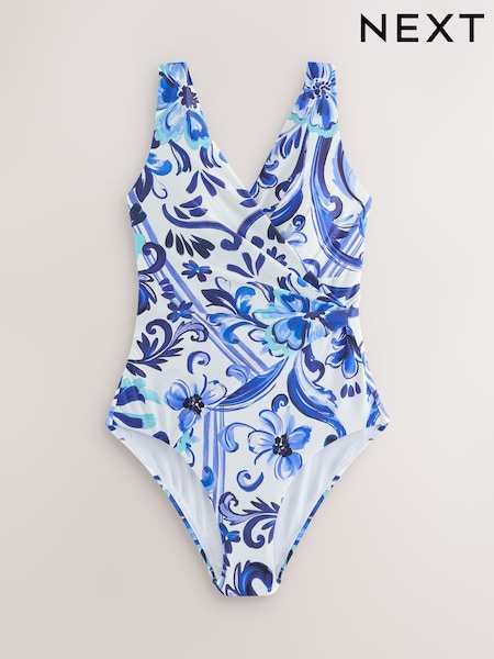 بورسلين أبيض/أزرق - Wrap Tummy Control Swimsuit (W62590) | ‏184 ر.ق.