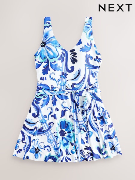 بورسلين أبيض/أزرق - Shaping Tummy Control Skirted Swim Dress (W62593) | ‏217 ر.ق.