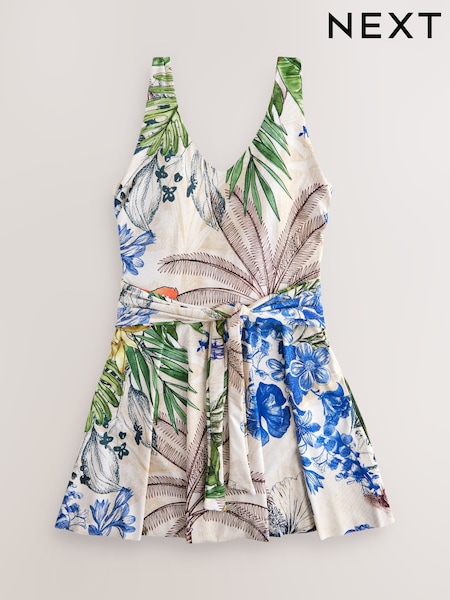 Cream/Navy Parrot Print Shaping Tummy Control Skirted Swim Dress (W62594) | $93